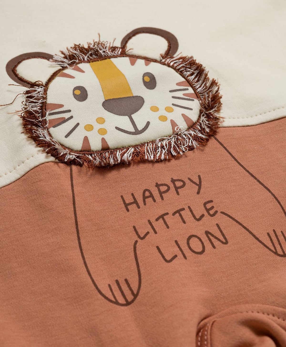 FirstCry Mini Taurus Interlock Knit Full Sleeves Romper With Lion Embroidery Rust