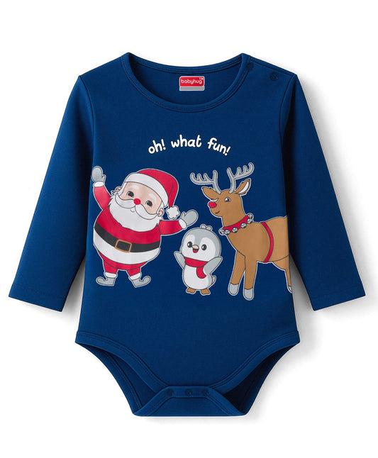 FirstCry Babyhug 100 Percent Cotton Knit Full Sleeves Onesie With Santa Claus Print Navy Blue