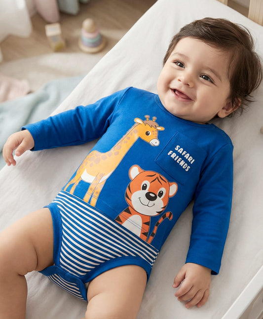 FirstCry Babyhug 100 Percent Cotton Interlock Knit Full Sleeves Onesies With Animal Print Navy Blue