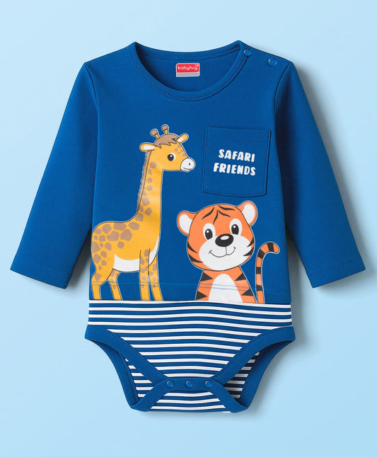FirstCry Babyhug 100 Percent Cotton Interlock Knit Full Sleeves Onesies With Animal Print Navy Blue