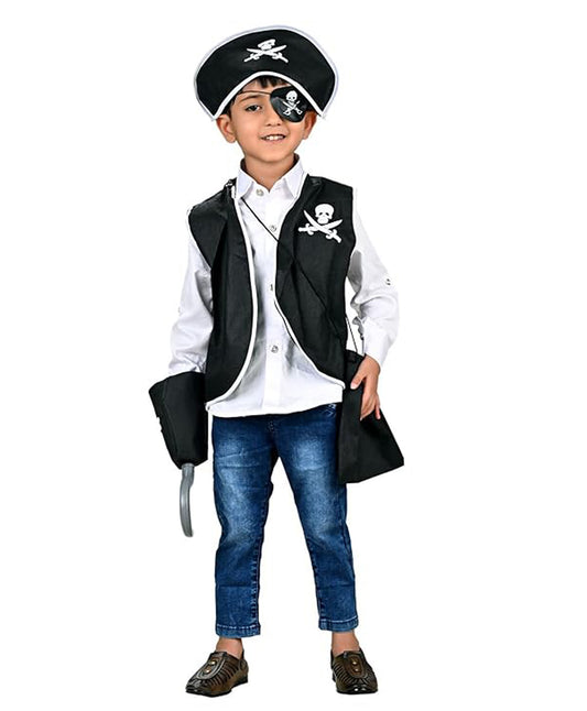 BookMyCostume Halloween Theme Pirate Costume Set With Eye Patch Bag Hat and Hook Set Black