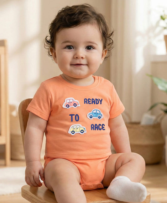 FirstCry Babyoye 100 Percent Cotton Knit Half Sleeves Onesie with Car Print and Patch Detailing Orange