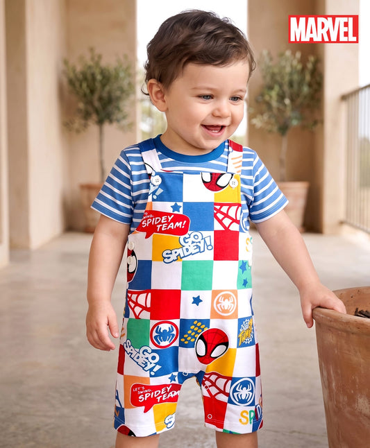 FirstCry Babyhug Marvel Single Jersey Knit Half Sleeves Striped T-Shirt and Dungaree with Spiderman Print Multicolour