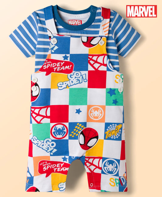 FirstCry Babyhug Marvel Single Jersey Knit Half Sleeves Striped T-Shirt and Dungaree with Spiderman Print Multicolour