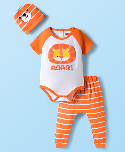 FirstCry Babyhug 100 Percent Cotton Knit Half Raglan Sleeves Onesie with Striped Leggings and Cap Lion Print and Patch Orange