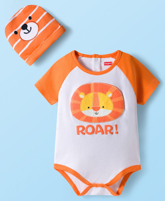 FirstCry Babyhug 100 Percent Cotton Knit Half Raglan Sleeves Onesie with Striped Leggings and Cap Lion Print and Patch Orange