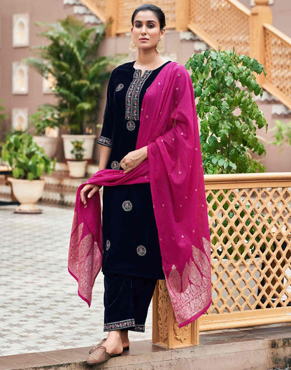 Sudathi Navy Blue Velvet Plain Straight Kurta Set With Dupatta - PUSHMYCART