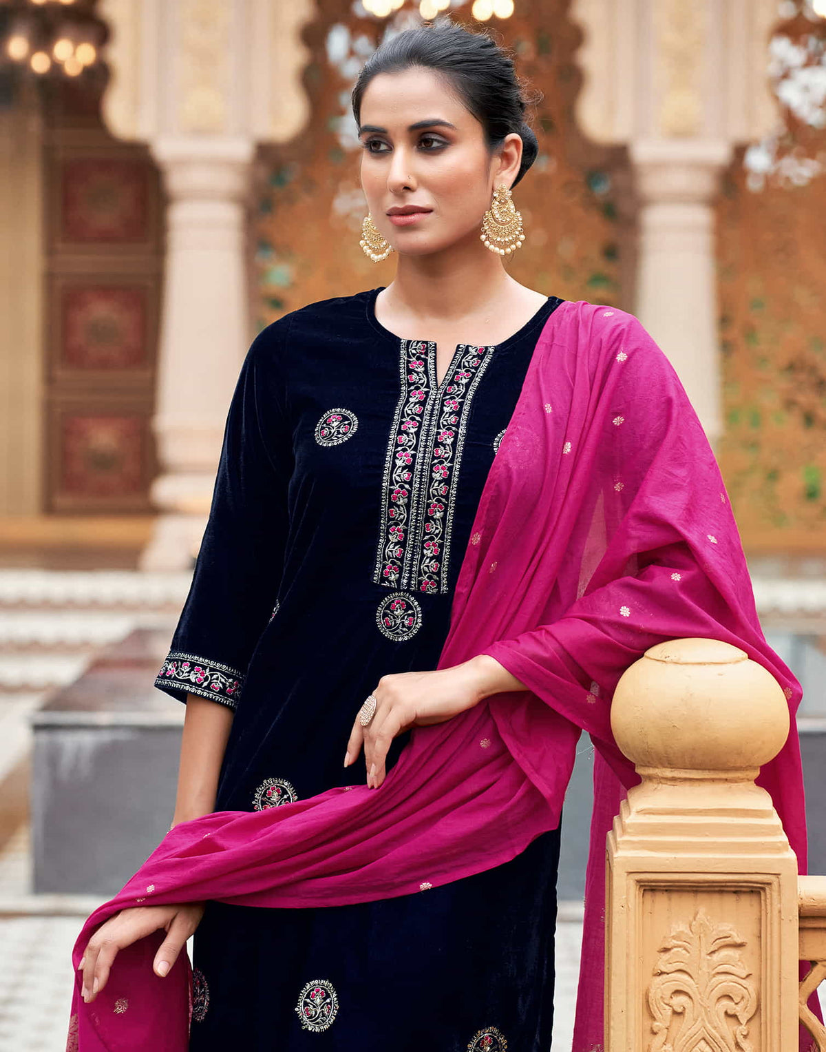 Sudathi Navy Blue Velvet Plain Straight Kurta Set With Dupatta - PUSHMYCART