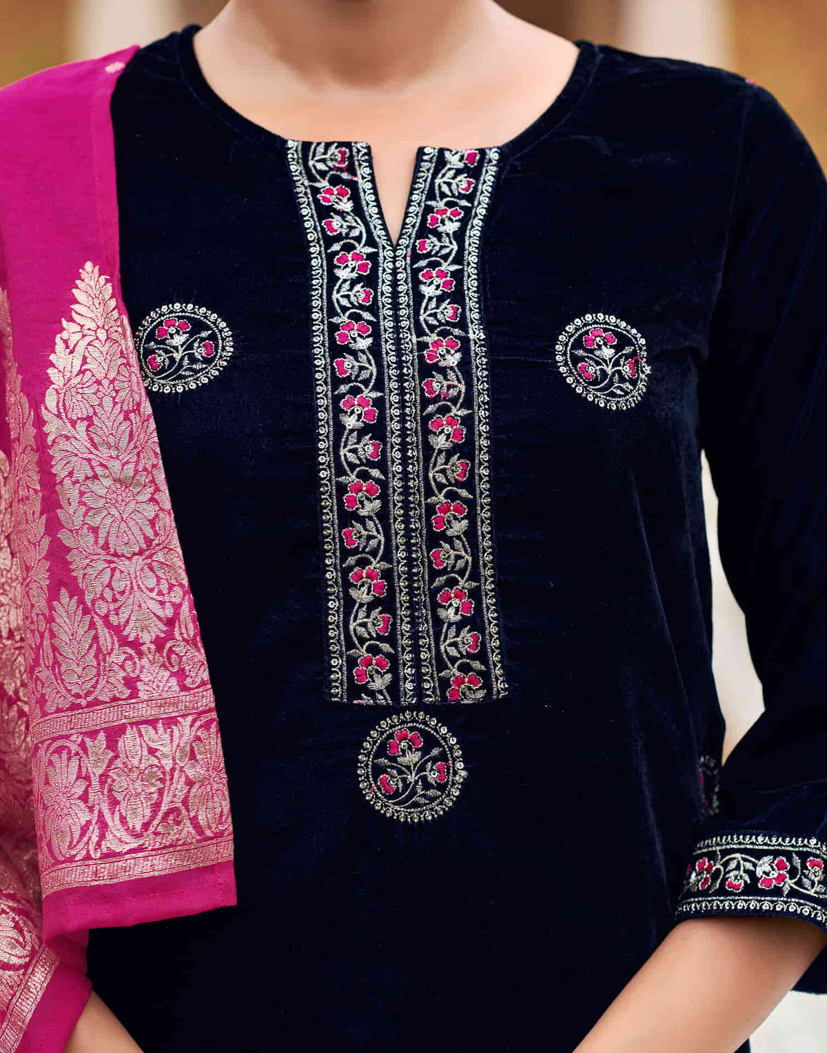 Sudathi Navy Blue Velvet Plain Straight Kurta Set With Dupatta - PUSHMYCART