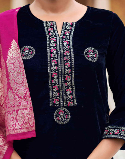 Sudathi Navy Blue Velvet Plain Straight Kurta Set With Dupatta - PUSHMYCART