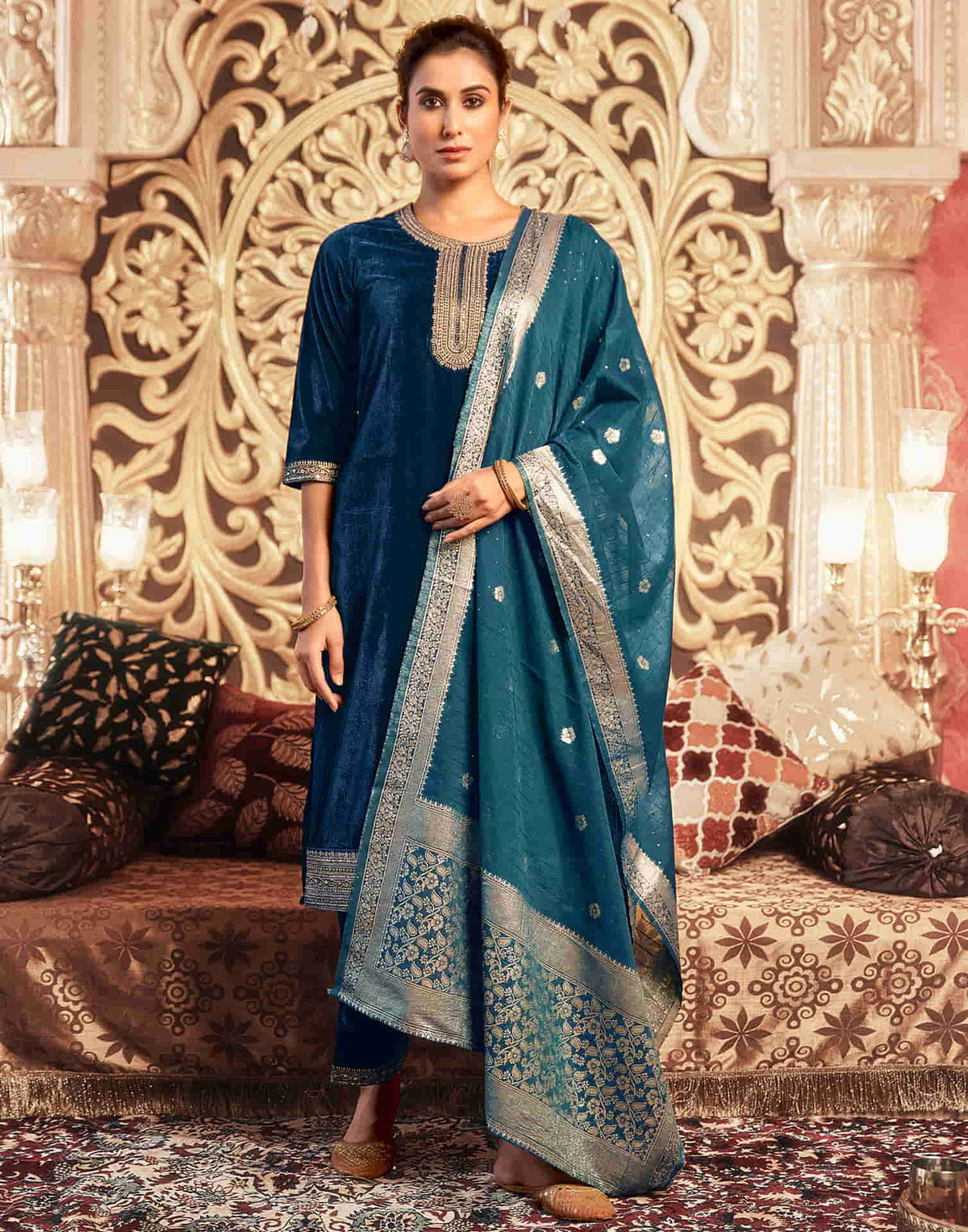 Sudathi Rama Blue Velvet Plain Straight Kurta Set With Dupatta - PUSHMYCART