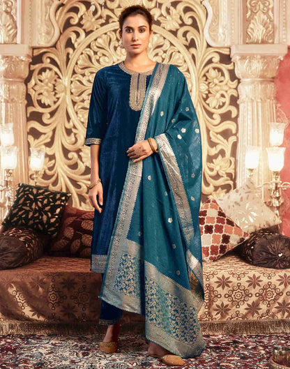 Sudathi Rama Blue Velvet Plain Straight Kurta Set With Dupatta - PUSHMYCART
