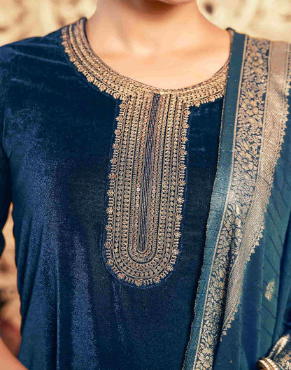 Sudathi Rama Blue Velvet Plain Straight Kurta Set With Dupatta - PUSHMYCART
