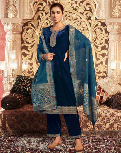 Sudathi Rama Blue Velvet Plain Straight Kurta Set With Dupatta - PUSHMYCART