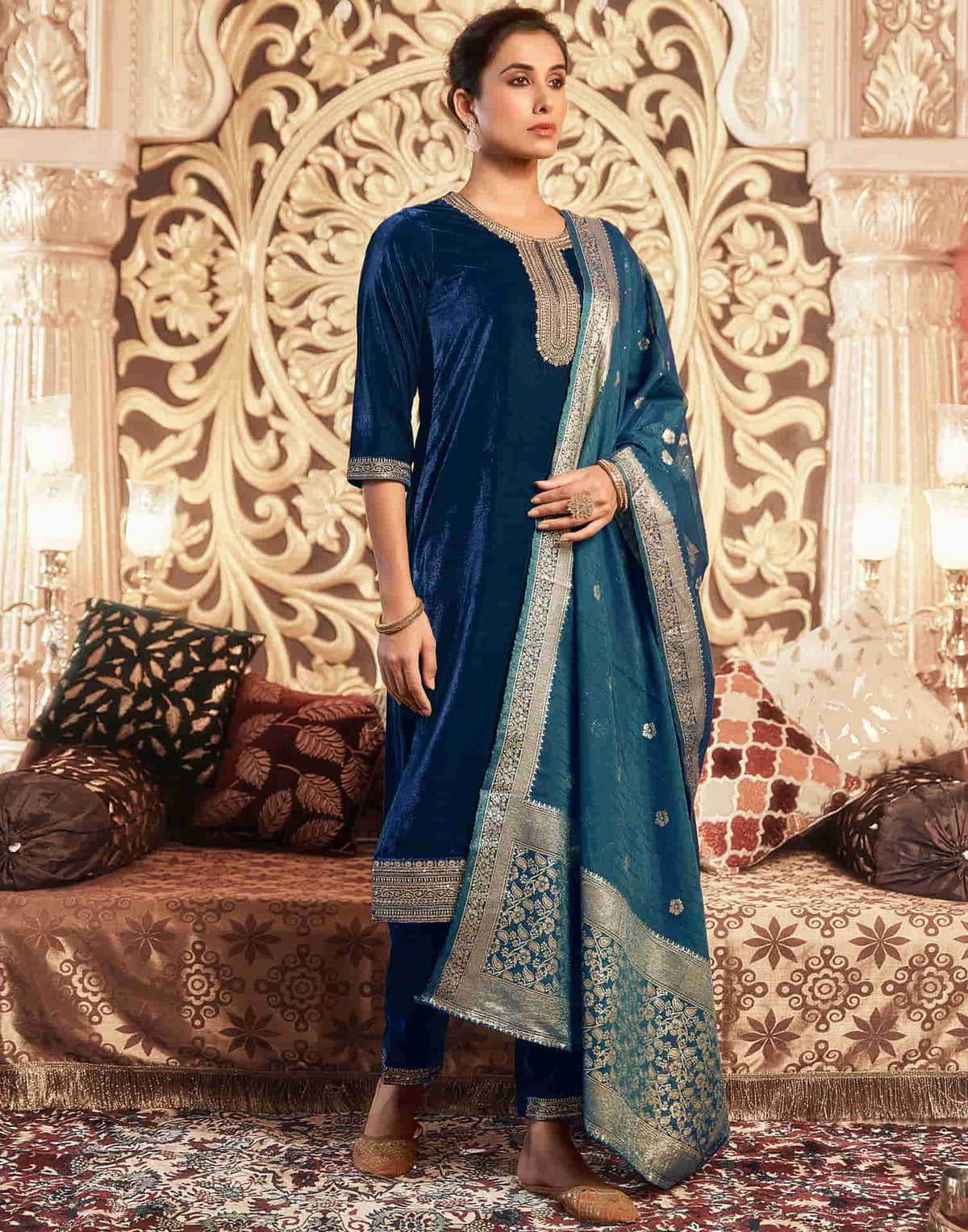 Sudathi Rama Blue Velvet Plain Straight Kurta Set With Dupatta - PUSHMYCART