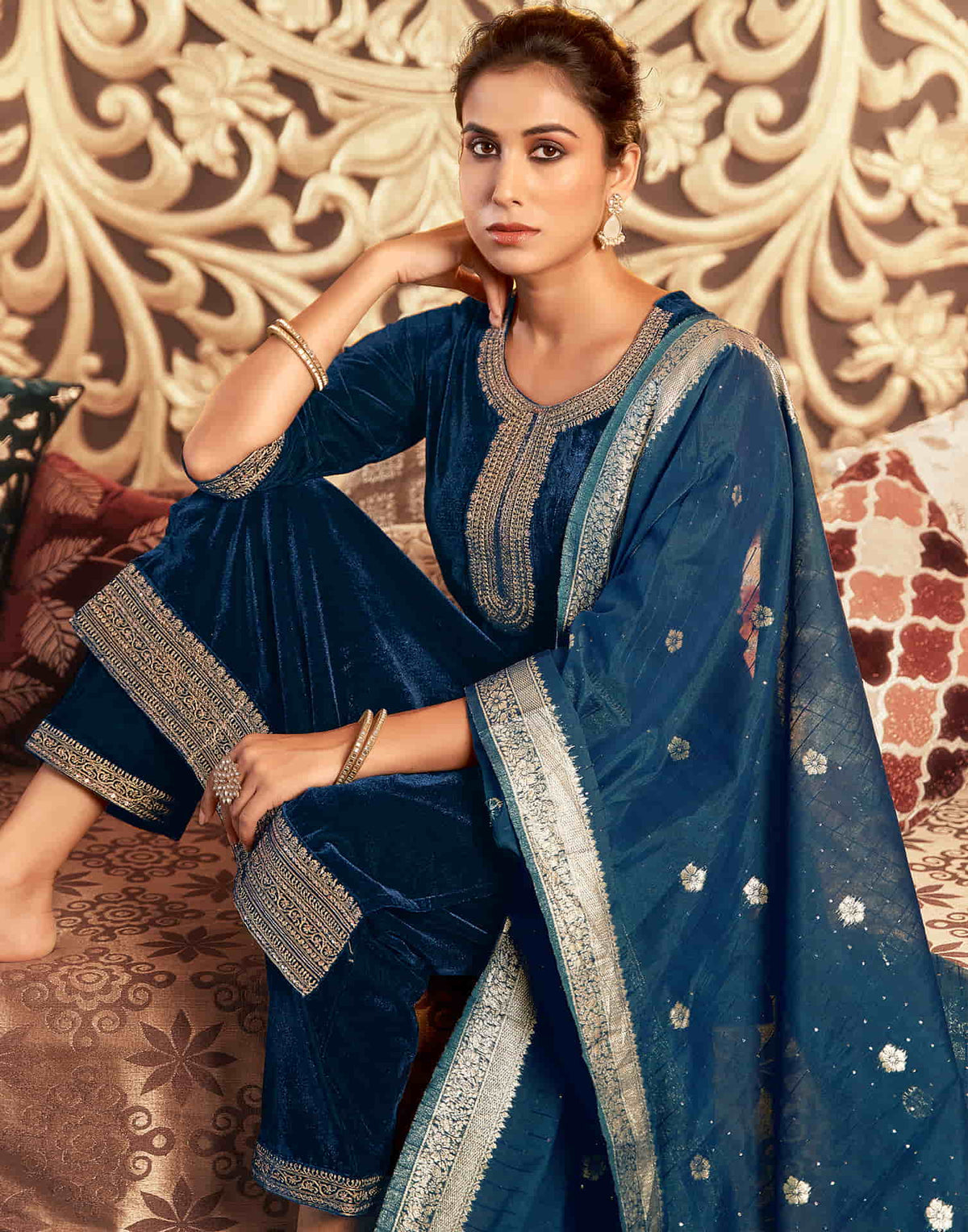 Sudathi Rama Blue Velvet Plain Straight Kurta Set With Dupatta - PUSHMYCART