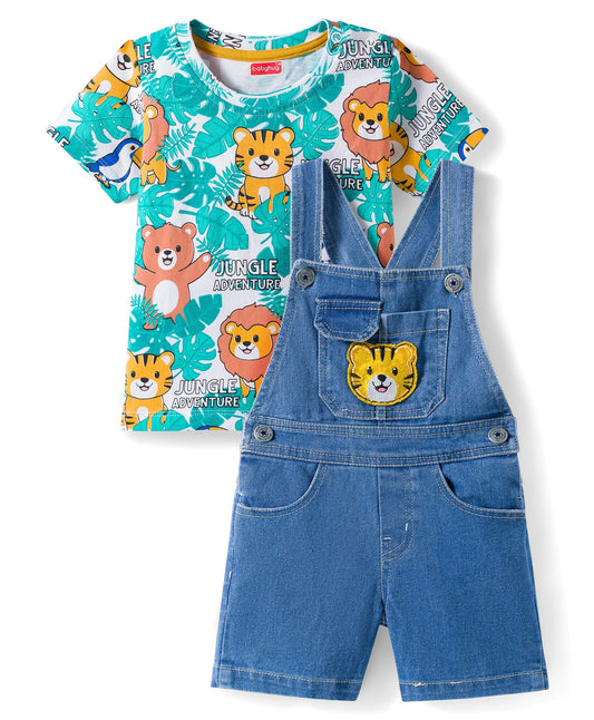 FirstCry Babyhug Single Jersey Knit Half Sleeves Animal Printed T-Shirt and Denim Dungaree with Tiger Embroidery Blue