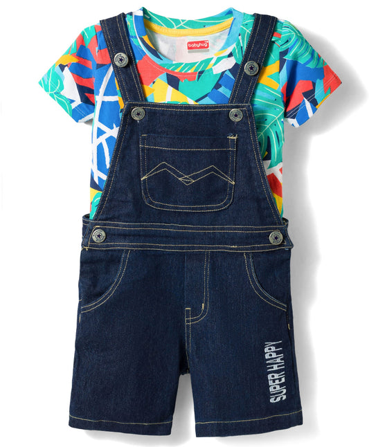 FirstCry Babyhug Single Jersey Knit Half Sleeves Abstract Printed Tee and Dungaree Set Multicolour