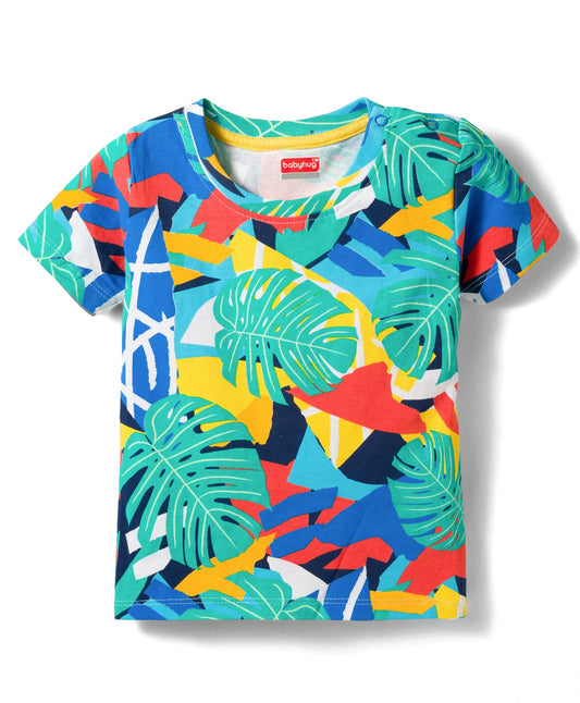 FirstCry Babyhug Single Jersey Knit Half Sleeves Abstract Printed Tee and Dungaree Set Multicolour