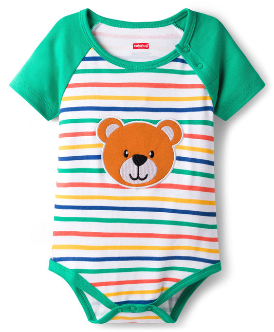 FirstCry Babyhug 100 Percent Cotton Knit Half Raglan Sleeves Onesie With Teddy Bear Print Green