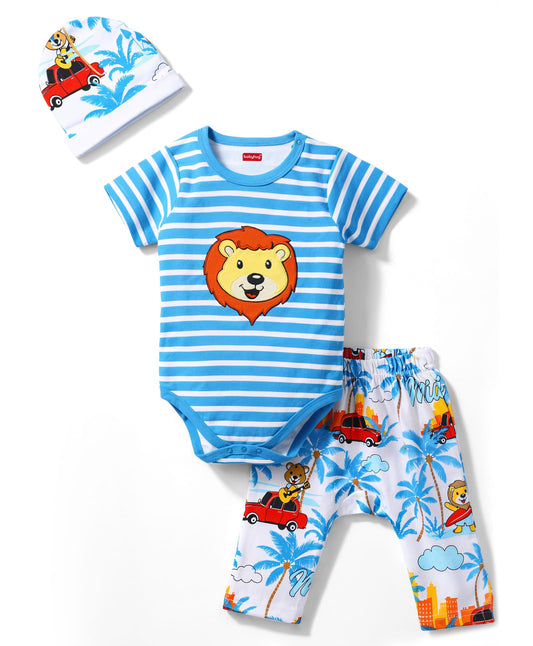 FirstCry Babyhug 100 Percent Cotton Knit Half Sleeves Striped and Lion Embroidered Onesie with Leggings and Cap Multicolour
