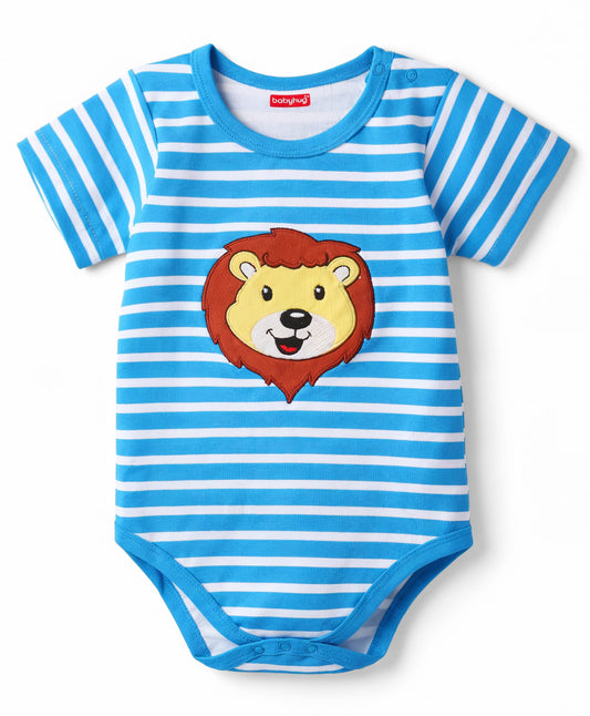FirstCry Babyhug 100 Percent Cotton Knit Half Sleeves Striped and Lion Embroidered Onesie with Leggings and Cap Multicolour
