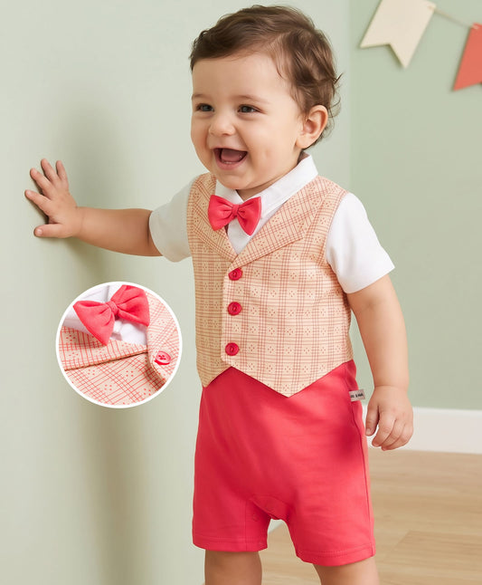 FirstCry Mark and Mia Cotton Knit Half Sleeves Printed Party Romper with Bow Applique and Attached Waistcoat Multicolour