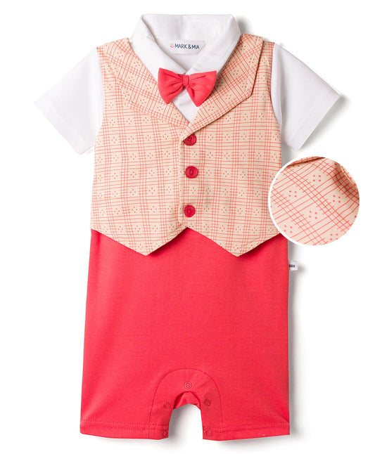 FirstCry Mark and Mia Cotton Knit Half Sleeves Printed Party Romper with Bow Applique and Attached Waistcoat Multicolour