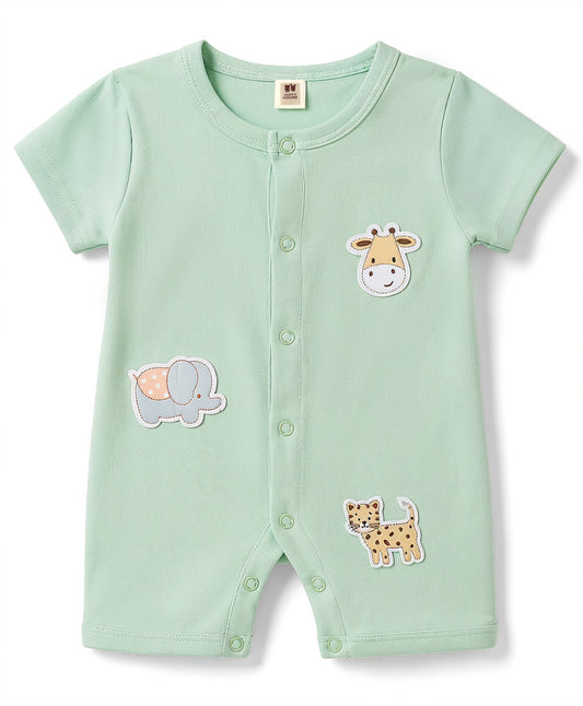 FirstCry ToffyHouse Interlock Knit Half Sleeves Romper with Animal Print and Patch Pack of 2 Sea Green and White