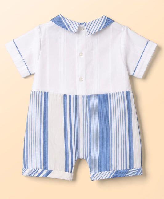 FirstCry ToffyHouse Interlock Knit Half Sleeves Striped Romper With Applique Blue