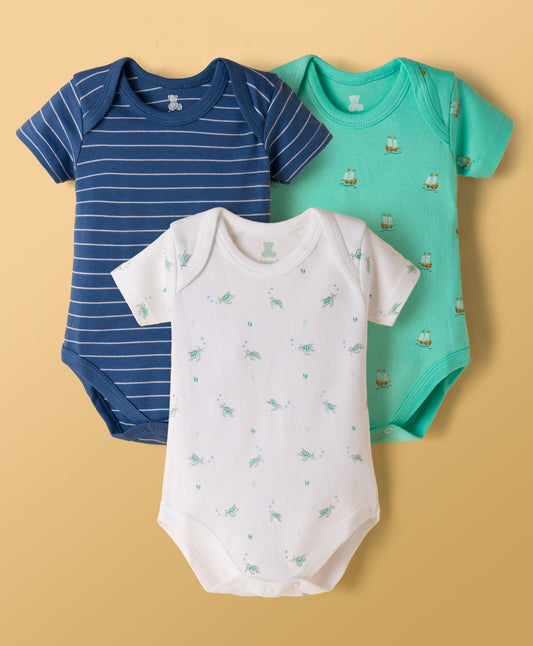 FirstCry I Bears Interlock Knit Half Sleeves Stripes Nautical Theme and Turtle Printed Onesies Pack of 3 Multicolour