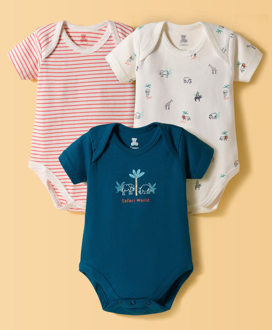 FirstCry I Bears Interlock Knit Half Sleeves Onesie with jungle Safari Print Pack of 3 Blue Pink and White