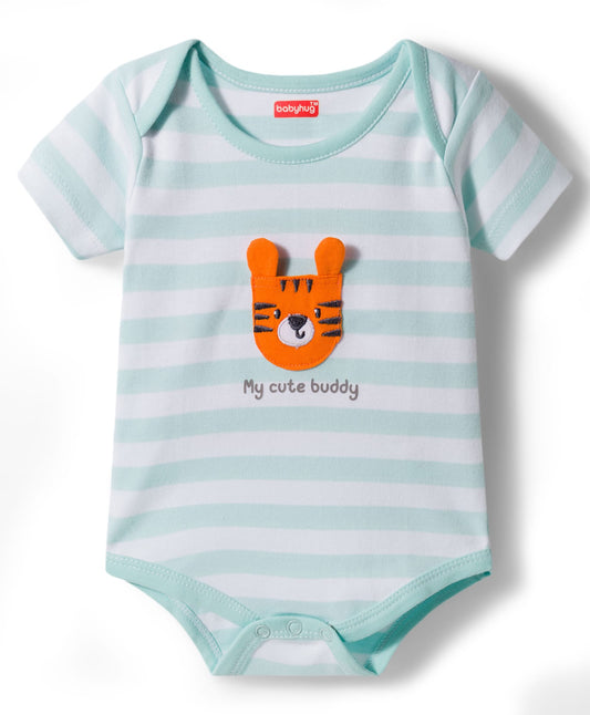 FirstCry Babyhug 100 Percent Cotton Knit Half Sleeves Striped Onesie with Tiger Patch Multicolour