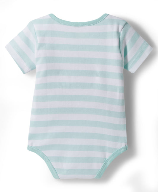 FirstCry Babyhug 100 Percent Cotton Knit Half Sleeves Striped Onesie with Tiger Patch Multicolour