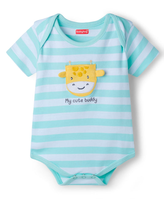 FirstCry Babyhug 100 Percent Cotton Knit Half Sleeves Striped Onesie with Giraffe Patch Aqua Stripes Multicolour