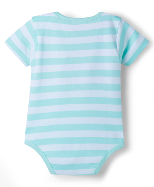 FirstCry Babyhug 100 Percent Cotton Knit Half Sleeves Striped Onesie with Giraffe Patch Aqua Stripes Multicolour