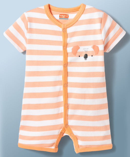 FirstCry Babyhug 100 Percent Cotton Knit Half Sleeves Striped Koala Printed Romper Multicolour