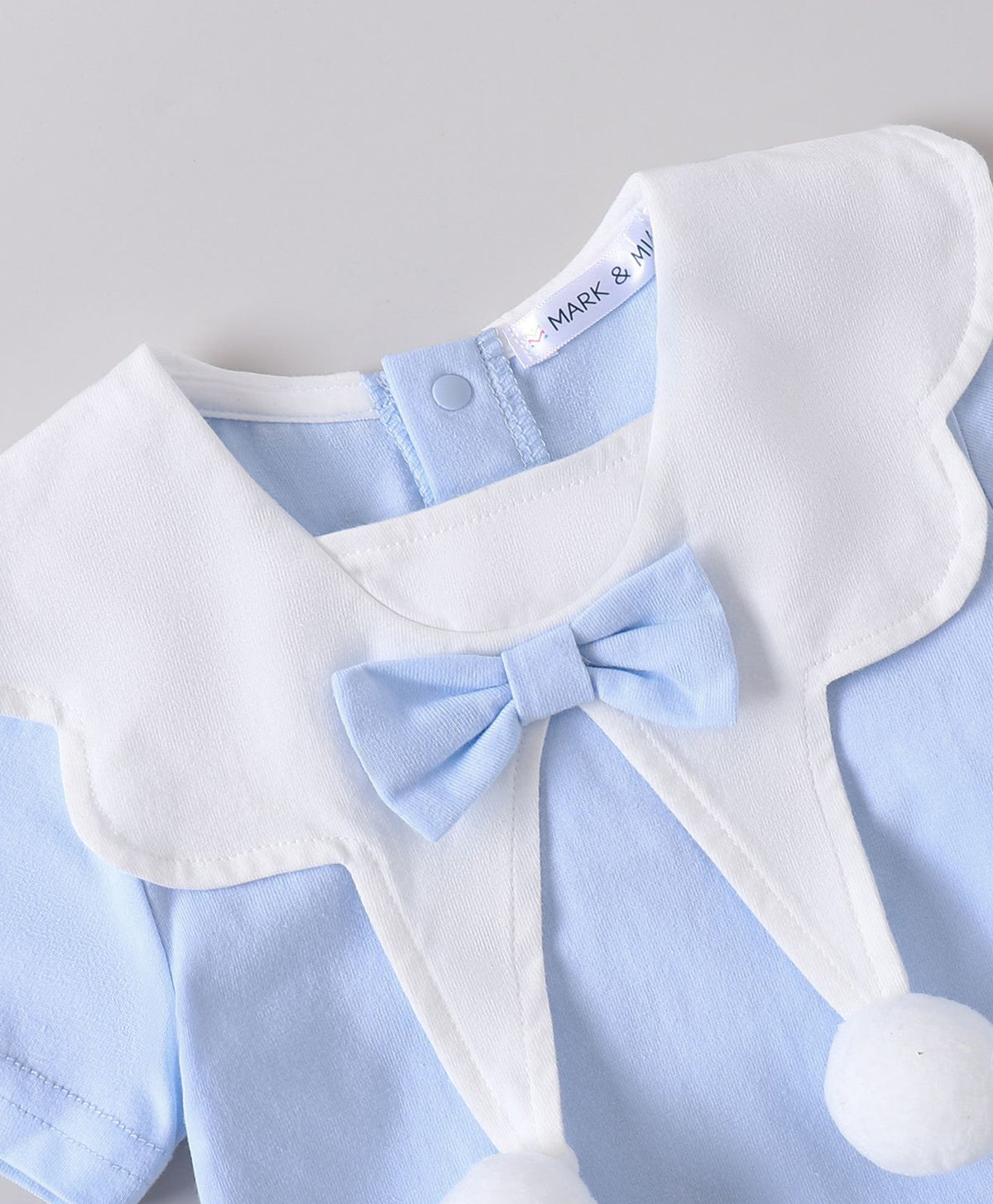 FirstCry Mark and Mia Cotton Half Sleeves Solid Colour Romper with Bow Applique Light Blue