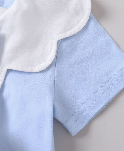 FirstCry Mark and Mia Cotton Half Sleeves Solid Colour Romper with Bow Applique Light Blue
