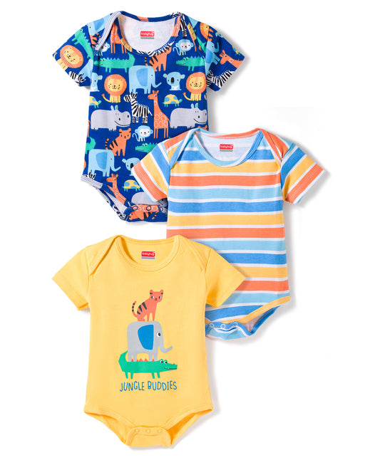 FirstCry Babyhug 100 Percent Cotton Knit Half Sleeves Onesies with Animal Print and Stripes Pack of 3 Multicolour