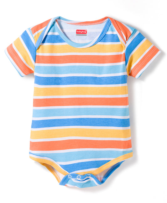 FirstCry Babyhug 100 Percent Cotton Knit Half Sleeves Onesies with Animal Print and Stripes Pack of 3 Multicolour