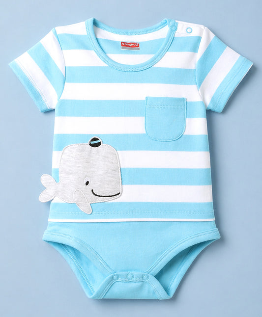 FirstCry Babyhug 100 Percent Cotton Interlock Knit Half Sleeves Striped Onesie With Whale Applique Light Blue