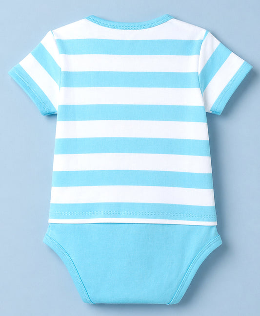 FirstCry Babyhug 100 Percent Cotton Interlock Knit Half Sleeves Striped Onesie With Whale Applique Light Blue