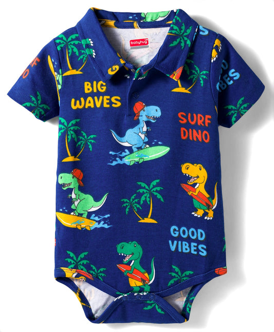 FirstCry Babyhug 100 Percent Cotton Knit Half Sleeves Dino Printed Onesie Navy Blue