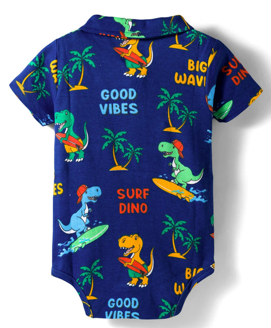 FirstCry Babyhug 100 Percent Cotton Knit Half Sleeves Dino Printed Onesie Navy Blue