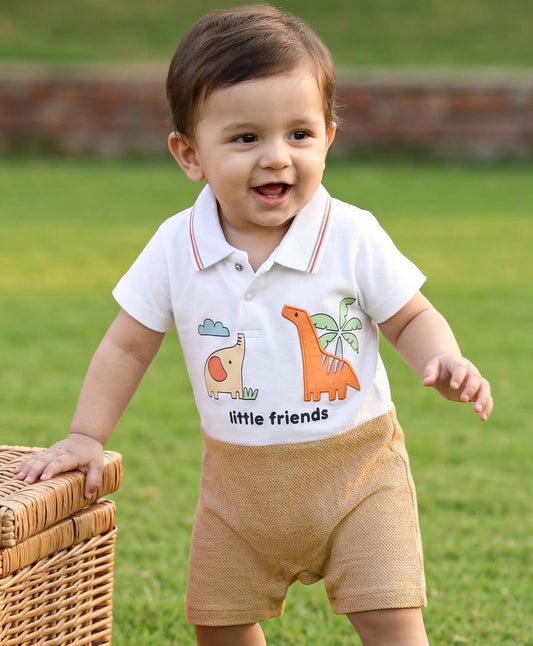 FirstCry Babyhug 100 Percent Cotton Interlock Knit Half Sleeves Romper with Dino Patch White and Brown
