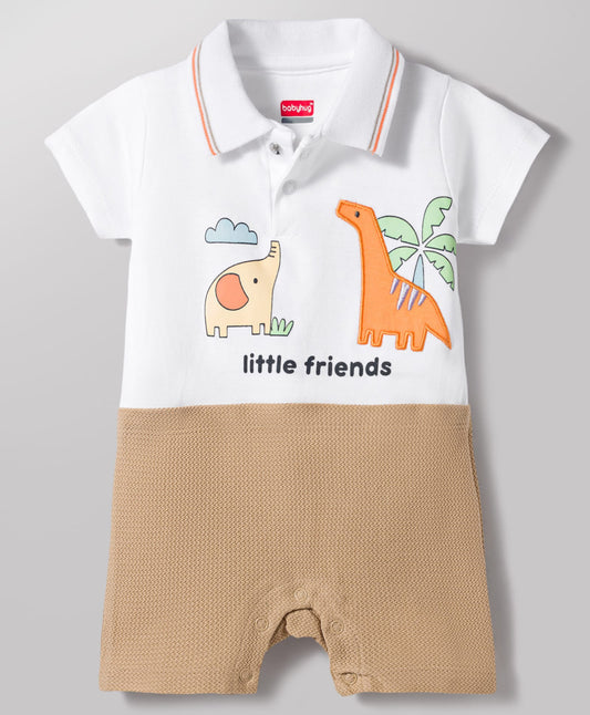 FirstCry Babyhug 100 Percent Cotton Interlock Knit Half Sleeves Romper with Dino Patch White and Brown