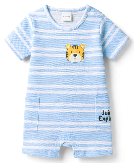 FirstCry Babyhug 100 Percent Cotton Knit Half Sleeves Striped Romper with Tiger Print Multicolour