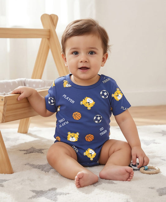 FirstCry Doodle Poodle 100 Percent Cotton Knit Half Sleeves Sport Printed Onesie Navy Blue