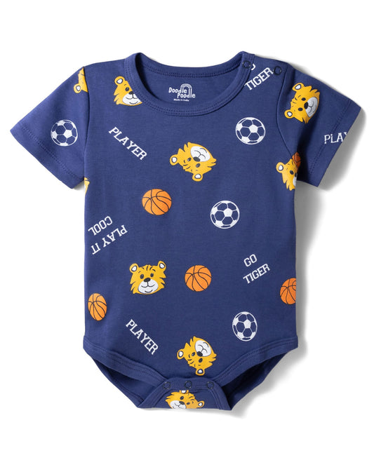 FirstCry Doodle Poodle 100 Percent Cotton Knit Half Sleeves Sport Printed Onesie Navy Blue